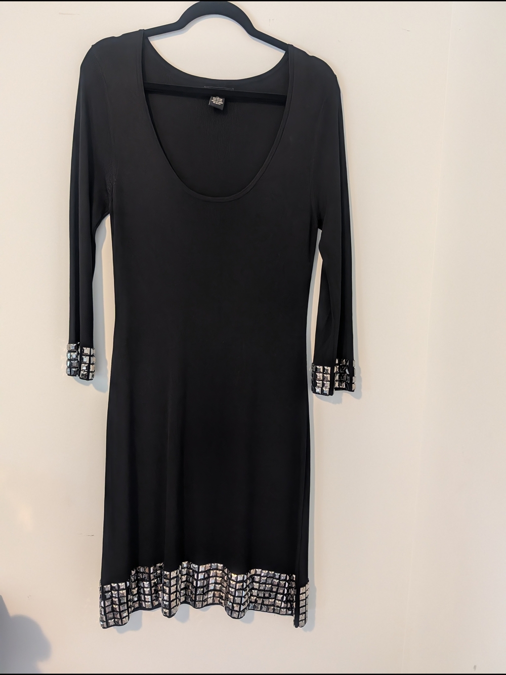 BCBGMaxAzria Black Long Sleeve Scoop Neck Dress with Embellished Hem & Cuffs